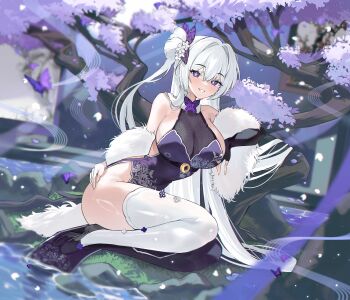 1girl absurdres bare_shoulders black_shoes blurry blurry_background breasts bug butterfly china_dress chinese_clothes cleavage commentary commission dress flower full_body gurami_(zangizarang) hair_between_eyes hair_bun hair_flower hair_ornament hand_on_own_hip highres huge_breasts insect legs light_blush long_hair looking_at_viewer original petals purple_butterfly purple_dress purple_eyes purple_petals see-through_cleavage see-through_clothes shoes single_side_bun sitting sleeveless sleeveless_dress smile solo star-shaped_pupils star_(symbol) symbol-shaped_pupils teeth thighhighs thighs tree very_long_hair white_flower white_hair white_thighhighs