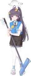 Rule 34 | 1girl, ahoge, animal ears, black hair, black necktie, blue archive, bright pupils, closed mouth, collared shirt, crocs, employee uniform, fake animal ears, full body, grey halo, hair ornament, halo, holding, holding mop, leaf hair ornament, long hair, looking at viewer, misyune, miyu (blue archive), mop, necktie, official art, pantyhose, rabbit ears, red eyes, shirt, solo, transparent background, uniform, white footwear, white pantyhose, white pupils, white shirt
