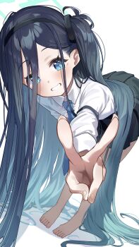 1girl absurdly_long_hair aris_(blue_archive) barefoot bent_over black_hair black_hairband black_skirt blue_archive blue_eyes blue_hair blue_necktie blush collared_shirt commentary_request foreshortening gradient_hair grin hair_between_eyes hairband halo highres long_hair long_sleeves looking_at_viewer multicolored_hair necktie onakkasuita one_side_up pleated_skirt shirt simple_background skirt smile solo standing toes v very_long_hair white_background white_shirt