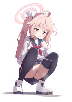 1girl absurdres ahoge anus blue_archive blush censored drinking_straw female_focus halo highres juice_box long_hair mosaic_censoring natsu_(blue_archive) necktie open_mouth panties panty_pull peeing pink_hair pink_halo pussy red_eyes red_necktie school_uniform serafuku shoes side_ponytail solo squatting steam thighhighs udonko_(tinanago7715) underwear white_background white_panties