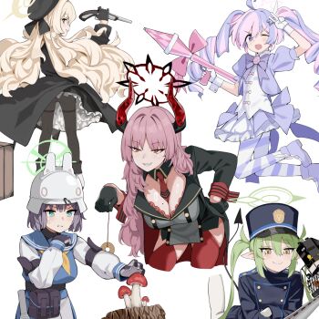 5girls ahoge black_coat black_pantyhose blonde_hair blue_archive breasts cleavage closed_mouth coat coin demon_horns dress gloves green_eyes green_hair green_halo grin halo hat helmet highres holding holding_pendulum holding_rocket_launcher holding_weapon holed_coin horns hoshiya_takahito large_breasts leaning_forward long_hair long_sleeves multiple_girls mushroom necktie nozomi_(blue_archive) pantyhose peaked_cap pendulum pink_hair pink_halo professor_niyaniya_(blue_archive) purple_dress purple_hair red_halo red_necktie reisa_(blue_archive) reisa_(magical)_(blue_archive) rocket_launcher saki_(blue_archive) satsuki_(blue_archive) simple_background smile striped_clothes striped_pantyhose twintails v weapon white_background white_gloves white_helmet yellow_eyes yellow_halo