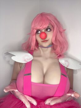 1girl ace_attorney breasts brown_eyes clothes clown clown_girl collar cosplay elbow_gloves female_focus geiru_toneido geiru_toneido_(cosplay) gloves highres large_breasts looking_at_viewer medium_hair model natylikespizza phoenix_wright:_ace_attorney_-_spirit_of_justice photo_(medium) pink_hair real_life smile solo