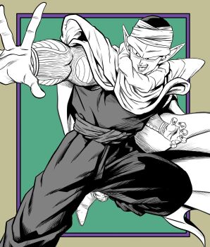 1boy cape commentary_request dragon_ball dragonball_z furrowed_brow greyscale_with_colored_background hat hatching_(texture) highres lee_(dragon_garou) male_focus official_style piccolo pointy_ears shoes shoulder_pads solo