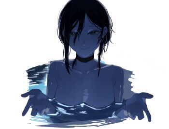 1girl absurdres black_choker black_hair breasts chainsaw_man choker closed_mouth hair_between_eyes highres partially_submerged reze_(chainsaw_man) small_breasts solo someartbyrin water wet wet_hair white_background