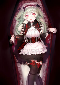 1girl absurdres an876-com apron arm_belt back_bow bare_shoulders bat_hair_ornament belt belt_buckle black_background black_belt black_bow black_capelet black_corset black_hairband black_skirt black_sleeves black_thighhighs black_wrist_cuffs bow breasts bright_pupils brooch bubble_skirt buckle capelet center_frills character_request chinese_commentary cleavage coffin collared_capelet commentary corset cross-laced_clothes cross-laced_corset cross-laced_hairband cross-laced_legwear detached_sleeves dot_nose eyelashes fang feet_out_of_frame frilled_apron frilled_capelet frilled_hairband frilled_skirt frilled_wrist_cuffs frills frown gothic_lolita gradient_eyes green_hair hair_between_eyes hair_ornament hair_rings hairband highres jewelry lace lace-trimmed_thighhighs lace_trim leg_belt light_blush lolita_fashion lolita_hairband long_hair long_sleeves looking_at_viewer lying miniskirt miracle_nikki multicolored_eyes multiple_belts neck_ribbon nikki_(series) on_back open_mouth red_bow red_eyes red_sleeves ribbon ribbon-trimmed_capelet ribbon_trim shirt skirt skull_brooch skull_hair_ornament solo strapless strapless_shirt striped_bow thighhighs torn_clothes torn_sleeves two-sided_sleeves two-tone_bow vampire waist_apron white_apron white_pupils white_ribbon wide_sleeves wrist_cuffs yellow_eyes