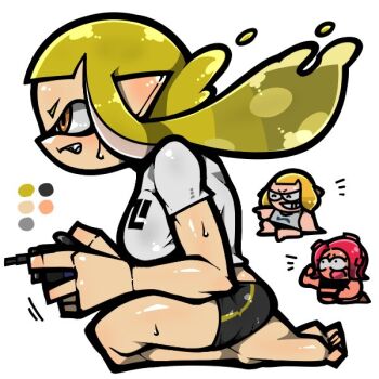 3girls bare_legs barefoot bike_shorts black_shorts blonde_hair clenched_teeth color_guide controller fang game_controller grey_shirt holding holding_controller holding_game_controller inkling inkling_girl inkling_player_character long_hair multiple_girls name_omoitukan2 nintendo octoling octoling_girl octoling_player_character orange_eyes playing_games pointy_ears shiny_skin shirt short_sleeves shorts simple_background sitting splatoon_(series) sweat teeth tentacle_hair thick_lineart v-shaped_eyebrows wariza white_background