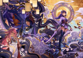 3girls bare_shoulders black_gloves black_hair braid cloud daniel_deng flower genshin_impact gloves hair_ornament highres japanese_clothes kimono kujou_sara lantern long_sleeves mask mask_on_head miko multiple_girls pink_hair purple_eyes purple_hair purple_kimono purple_thighhighs raiden_shogun short_hair single_braid tengu_mask thighhighs tree wide_sleeves yae_miko yellow_eyes