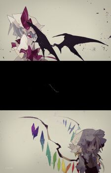 2girls artist_name ascot back_bow bat_wings black_wings blonde_hair blue_hair bow collared_shirt cowboy_shot crazy_eyes crystal_wings fang flandre_scarlet frilled_headwear frilled_shirt frilled_shirt_collar frilled_wrist_cuffs frills from_behind grey_background hair_between_eyes hand_on_own_chest hat hat_ribbon highres kere_(kere9r) long_hair long_hair_between_eyes looking_ahead mob_cap multiple_girls open_mouth puffy_short_sleeves puffy_sleeves red_bow red_eyes red_ribbon red_vest red_wrist_cuffs remilia_scarlet ribbon shirt short_hair short_sleeves siblings side_ponytail sisters smile standing third-party_source touhou vest white_hat white_shirt wings wrist_cuffs yellow_ascot