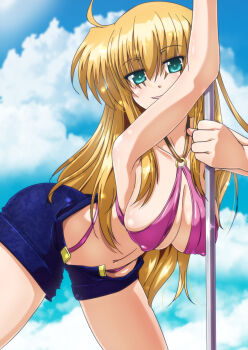 Rule 34 | 1girl, aged up, ahoge, arisa bunnings, bikini, blonde hair, blue eyes, blush, breasts, cleavage, cloud, cloudy sky, collarbone, covered erect nipples, female focus, highres, large breasts, long hair, looking at viewer, lyrical nanoha, mahou shoujo lyrical nanoha, navel, open mouth, pink bikini, pole, shiny skin, short shorts, shorts, sky, smile, solo, swimsuit, tappa (esperanza)