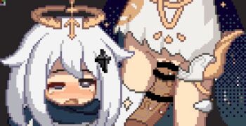 1girl animated animated_gif bar_censor bkrg blush censored disembodied_penis dress genshin_impact halo hetero loli looping_animation lowres open_mouth paimon_(genshin_impact) penis pixel_art pussy sex tears vaginal white_dress white_hair