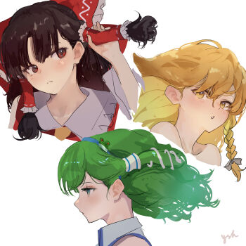 3girls :o ascot bare_shoulders blonde_hair blue_hairband bow braid brown_hair collared_shirt commentary_request double-parted_bangs eneshi frilled_bow frilled_hair_tubes frills frog_hair_ornament from_side frown green_eyes green_hair hair_behind_ear hair_bow hair_ornament hair_tubes hairband hakurei_reimu highres kirisame_marisa kochiya_sanae long_hair looking_at_viewer medium_hair multiple_girls no_headwear open_mouth red_bow red_eyes red_shirt shirt signature simple_background single_braid single_hair_tube single_sidelock sleeveless sleeveless_shirt snake_hair_ornament touhou upper_body wavy_hair white_background white_bow yellow_ascot yellow_eyes