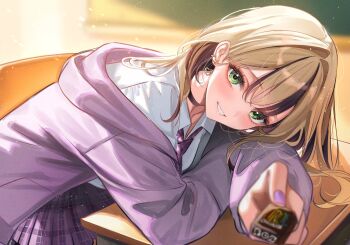 Rule 34 | 1girl, black choker, blonde hair, chair, chocolate, choker, collared shirt, commentary request, earrings, food, green eyes, highres, holding, holding food, indoors, jacket, jewelry, kurumi noah, long sleeves, looking at viewer, on chair, purple jacket, purple nails, purple skirt, revision, sa-ya2, school uniform, shirt, skirt, smile, solo, virtual youtuber, vspo!, white shirt