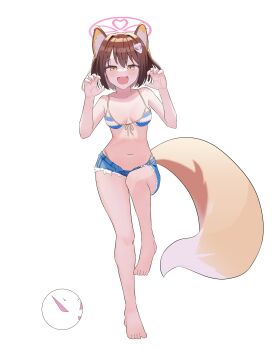 1girl absurdres animal_ear_fluff animal_ears ball bare_arms bare_legs barefoot beachball bikini blue_archive blue_shorts breasts brown_eyes brown_hair claw_pose fang fox_ears fox_girl fox_tail front-tie_bikini_top front-tie_top full_body hair_ornament halo hands_up highleg highleg_bikini highres izuna_(blue_archive) izuna_(swimsuit)_(blue_archive) looking_at_viewer medium_breasts micro_shorts navel official_alternate_costume open_mouth pink_halo short_hair shorts simple_background skin_fang solo standing standing_on_one_leg string_bikini striped_bikini striped_clothes swimsuit tail torn_clothes torn_shorts white_background yungun_(dbsrjsdn0330)