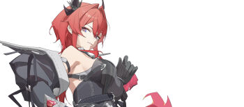 Rule 34 | 1girl, absurdres, arknights, arknights: endfield, bare shoulders, black dress, black gloves, black horns, black sleeves, breasts, commentary request, demon girl, demon horns, detached sleeves, disgust, dress, gloves, h88hs, hair between eyes, hair intakes, highres, horns, laevatain (arknights), large breasts, long hair, long sleeves, looking at viewer, looking back, parted lips, purple eyes, red hair, sideboob, sideless dress, simple background, slit pupils, solo, strap, surtr (arknights), upper body, white background