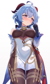 1girl ahoge bare_shoulders bell black_pantyhose blue_hair blush bow breasts chinese_knot detached_sleeves from_below ganyu_(genshin_impact) genshin_impact gold_trim hashtag-only_commentary highres hobio horns jewelry long_hair medium_breasts neck_bell pantyhose purple_eyes red_rope rope sidelocks solo standing thighlet thighs vision_(genshin_impact) white_background white_sleeves