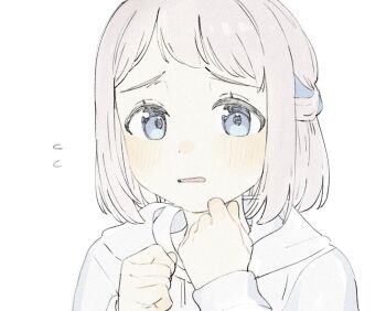 1girl blue_eyes blush braid clenched_hands commentary_request flying_sweatdrops gakuen_idolmaster grey_hair half_up_braid hands_up hood hoodie idolmaster katsuragi_lilja looking_at_viewer short_hair simple_background solo tenohira_(tenoo) white_background white_hoodie