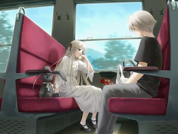 1boy 1girl black_shirt black_shoes blue_sky brother_and_sister commentary_request dress food food_in_mouth grey_hair grey_pants hashimoto_takashi kasugano_haruka kasugano_sora long_hair mary_janes pants pocky pocky_in_mouth shirt shoes short_hair siblings sitting sky socks stuffed_animal stuffed_rabbit stuffed_toy train_interior twins white_dress white_socks yosuga_no_sora