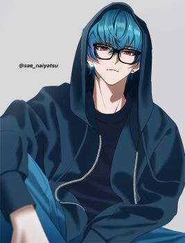 Rule 34 | 1boy, bespectacled, black jacket, black shirt, blue hair, blue pants, brant (wuthering waves), closed mouth, commentary, earrings, english commentary, glasses, grey background, hair between eyes, highres, hood, hood up, hooded jacket, jacket, jewelry, looking at viewer, male focus, multicolored hair, pants, pink eyes, sae naiyatsu, shirt, short hair, simple background, sitting, solo, streaked hair, twitter username, wuthering waves