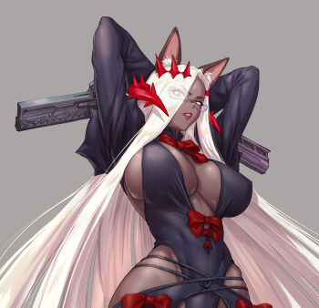 Rule 34 | angry, animal ears, arms behind head, black leotard, black shrug, blue eyes, bow, bowtie, breasts, commentary, covered erect nipples, crossed arms, crown, curtained hair, dark-skinned female, dark skin, dual wielding, ear tufts, fujii eishun, gun, hair over one eye, highres, holding, holding gun, holding weapon, large breasts, leotard, lipstick, long hair, looking at viewer, low neckline, makeup, monochrome backcground, original, plunging neckline, red bow, red bowtie, red crown, semi-rimless eyewear, shrug (clothing), teeth, very long hair, weapon, white hair
