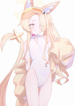 1girl absurdres animal_ears bare_shoulders blonde_hair blue_archive blush choker cleavage_cutout clothing_cutout collarbone commentary_request covered_navel flat_chest fox_ears fox_tail groin hair_over_one_eye halo highres jacket light_smile long_hair looking_at_viewer one-piece_swimsuit open_clothes open_jacket sainarohh seia_(blue_archive) seia_(swimsuit)_(blue_archive) side_ponytail solo swimsuit tail thighs visor_cap white_one-piece_swimsuit yellow_eyes yellow_halo yellow_jacket