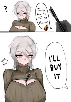 breasts brown_sweater character_name cleavage cleavage_cutout clothing_cutout dante_(limbus_company) doubleuww1 english_text faust_(project_moon) gloves highres large_breasts limbus_company meme movie_reference pen project_moon scene_reference speech_bubble sweater turtleneck turtleneck_sweater white_background white_hair