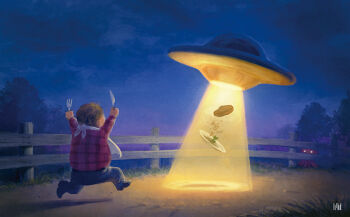 1boy abduction alien arms_up artist_logo bib commentary_request dirt_road fat fat_man fence flying_saucer fmu food fork from_behind full_body holding holding_fork holding_knife knife logo long_sleeves male_focus original outdoors pants plaid_clothes plaid_shirt plate red_shirt road running shirt shoes spacecraft steak tree