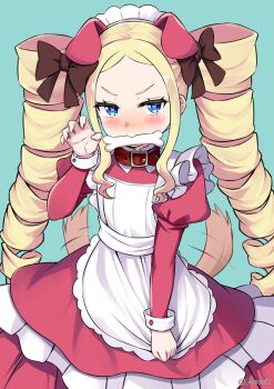 1girl alternate_costume animal_ears apron apron_tug artist_name beatrice_(re:zero) blue_eyes blush bone bow brown_bow claw_pose collar commentary_request cowboy_shot dog_ears dog_girl dog_tail dress drill_hair frilled_apron frills green_background hair_bow long_hair looking_at_viewer maid maid_headdress pink_pupils re:zero_kara_hajimeru_isekai_seikatsu red_collar red_dress s_(hdru2332) simple_background solo standing symbol-shaped_pupils tail tail_wagging twin_drills twintails white_apron