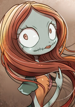 1girl colored_skin disney dress formal_clothes highres joh long_hair patchwork_clothes patchwork_skin pinstripe_pattern pinstripe_suit pinstripe_vest red_hair sally_(nbc) smile solo stitched_arm stitched_face stitches striped_clothes striped_vest suit the_nightmare_before_christmas vertical-striped_clothes vertical-striped_vest vest