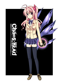 1girl antenna_hair black_thighhighs blazer breasts brown_jacket brown_shoes chaos;head chest_bow copyright_name d-sword dual_wielding highres holding holding_sword holding_weapon jacket kiseki_(poison) lapels loafers looking_at_viewer notched_lapels pink_eyes pink_hair red_trim sakihata_rimi school_uniform science_adventure serious shoes small_breasts solo suimei_academy_school_uniform sword thighhighs weapon