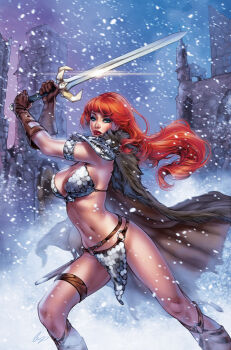 1girl blue_eyes boots breasts brown_boots brown_cape brown_gloves cape elias_chatzoudis gloves highres holding holding_sword holding_weapon large_breasts long_hair looking_at_viewer metal_bikini outdoors red_eyes red_hair red_sonja red_sonja_(comics) snow solo sword weapon