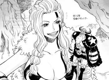 1boy 1girl ^_^ allout body_markings boots breasts carrying carrying_person cleavage closed_eyes facial_mark fake_beard fake_facial_hair fake_horns franky_(one_piece) giant giantess greyscale helmet highres horned_helmet horns leg_hair long_hair monochrome notice_lines one_piece outdoors ripley_(one_piece) smile stitches v-shaped_eyebrows