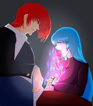 absurdres blue_hair fellatio fire gloves highres huge_penis jumpsuit kula_diamond oral penis purple_eyes red_eyes red_hair sitting the_king_of_fighters valkyriori veins veiny_penis yagami_iori