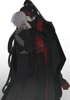 Rule 34 | 1boy, 1girl, black bandages, black coat, black dress, black hair, blood, blood on hands, coat, coat on shoulders, dress, family hierarch candidate (identity) (project moon), faust (project moon), half updo, hand wraps, hands up, hashtag-only commentary, heishou pack-mao branch (identity) (project moon), hong lu (project moon), kiss, kon917588245825, limbus company, long hair, project moon, red rope, red sash, rope, sash, short hair, simple background, very long hair, white background, white hair