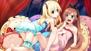 2girls all_fours aqua_eyes artist_self-insert ass bare_shoulders barefoot blonde_hair blue_eyes blush borrowed_character brown_hair collarbone feet frilled_pillow frills from_behind full-face_blush hairband highres indoors long_hair looking_back minazuki_sarami multiple_girls open_mouth original pillow shimotsuki_potofu sitting sorano_(12gou) strap_slip thigh_strap two_side_up wavy_mouth yuri