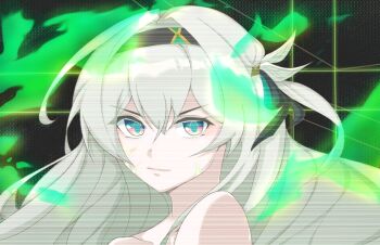 1girl black_hairband black_ribbon closed_mouth codesongless cracked_skin fire firefly_(honkai:_star_rail) gradient_eyes green_fire green_pupils grey_hair hair_between_eyes hair_intakes hair_ornament hair_ribbon hairband hashtag-only_commentary highres honkai:_star_rail honkai_(series) long_hair multicolored_eyes nude ribbon serious upper_body