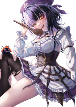 1girl absurdres alternate_costume arm_belt belt black_belt blush breasts caviar commentary corset dress english_commentary food grey_hair hair_ornament hat highres holding hololive hololive_english index_finger_raised jewelry knee_up large_breasts long_hair long_sleeves looking_at_viewer multicolored_hair open_mouth pirate rice ring shiori_novella simple_background single_thighhigh skull_print solo split-color_hair sushi thighhighs tongue tongue_out torn_clothes torn_thighhighs two-tone_hair virtual_youtuber white_background white_dress wooden_ladle yellow_eyes yorick_(shiori_novella) zolomon_(jarvis_lin)