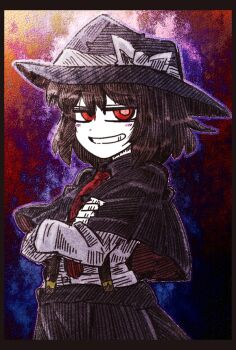 1girl black_capelet black_hat black_skirt blush bow brown_hair buttons capelet crossed_arms grin hair_between_eyes hat hat_bow looking_at_viewer necktie raised_inner_eyebrows red_eyes shirt skirt smile smug solo suenari_(peace) suspenders touhou usami_renko white_shirt