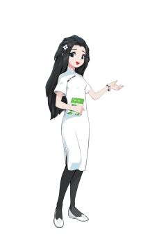 1girl 2024 absurdres black_eyes black_hair black_pantyhose china_dress chinese_clothes dress flats highres krita_(medium) libbie_the_spirit_oryx long_hair looking_at_viewer original pantyhose signature spirit_animals_in_disguise teacher tyson_tan