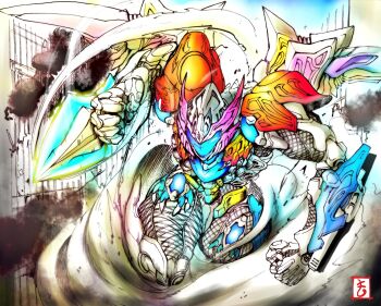 arm_blade arm_cannon armor city daizyuzin dino_megazord gattai glowing horns machine matutoya mecha megazord_(remake) no_humans power_rangers power_rangers_(movie) robot science_fiction signature solo super_robot sword tokusatsu weapon wings