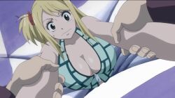 1girl animated anime_screenshot blonde_hair breasts brown_eyes cleavage fairy_tail highres large_breasts lucy_heartfilia one_side_up open_mouth partially_unzipped shirt sound subtitled tagme video white_shirt zipper zipper_pull_tab