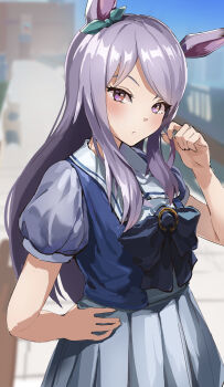 1girl absurdres animal_ears aqua_bow blush bow bowtie breasts commentary_request ear_bow highres hiyoko_(kokeko) horse_ears horse_girl long_hair looking_at_viewer mejiro_mcqueen_(umamusume) outdoors pleated_skirt puffy_short_sleeves puffy_sleeves purple_bow purple_bowtie purple_eyes purple_hair purple_shirt sailor_collar sailor_shirt school_uniform shirt short_sleeves skirt solo tracen_school_uniform umamusume white_sailor_collar white_skirt