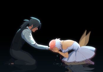 1boy 1girl ahiru_(princess_tutu) alternate_skin_color ballerina ballerino ballet ballet_dress ballet_slippers bare_shoulders bent_over bracelet commentary crying dark-skinned_male dark_skin darkened_skin dress english_commentary fakir_(princess_tutu) highres jewelry kneeling krisandthebluesurgeons orange_hair photo-referenced ponytail princess_tutu princess_tutu_(character) tutu wings