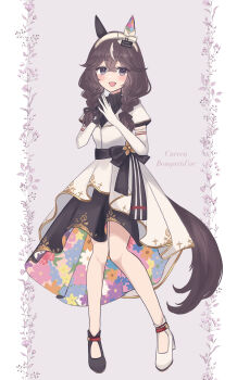 Rule 34 | 1girl, absurdres, animal ears, asymmetrical footwear, black gloves, black sweater, blush, braid, braided sidelocks, breasts, brown hair, character name, commentary request, curren bouquetd'or (umamusume), dress, ear covers, elbow gloves, gloves, grey eyes, hair between eyes, hair ornament, hairband, highres, horse ears, horse girl, horse tail, long braid, long hair, looking at viewer, low twin braids, mayuchi427, mismatched ear covers, mismatched footwear, open mouth, shoes, smile, solo, sweater, tail, twin braids, umamusume, white dress, white streaks