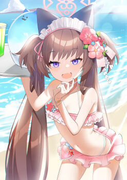 1girl absurdres bare_shoulders beach bikini blue_archive blue_sky bracelet brown_hair cowboy_shot drink fang fingernails flower food hair_flower hair_ornament halo highres holding holding_tray jewelry leaning_forward long_hair looking_at_viewer maid_headdress matyata navel ocean official_alternate_costume open_mouth pink_bikini purple_eyes ruffle_bikini shaved_ice shizuko_(blue_archive) shizuko_(swimsuit)_(blue_archive) sky smile solo stomach swimsuit tray twintails