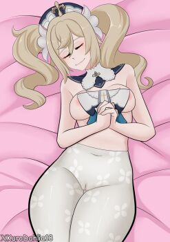 Rule 34 | barbara (genshin impact), bed, blonde hair, bow, breasts, cameltoe, drill hair, genshin impact, highres, kurodahlia18, medium breasts, nipples, nun, on bed, pantyhose, sleeping, thick thighs, thighs, twin drills