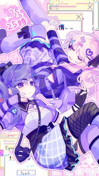 1girl 1other :d \||/ akiyama_mizuki asahina_mafuyu asymmetrical_gloves asymmetrical_legwear backpack bag belt black_bag black_bow black_corset black_gloves black_hoodie black_shoes black_thighhighs blue_eyes blue_skirt bow bow_legwear breasts broken_heart broken_heart_hair_ornament chromatic_aberration cleavage_cutout closed_eyes closed_mouth clothing_cutout collared_shirt commentary_request corset crossed_legs elbow_gloves expressionless facial_mark facing_another feet_out_of_frame fingerless_gloves fishnet_thighhighs fishnets foot_out_of_frame frilled_skirt frills gloves hair_between_eyes hair_bow hair_ornament hand_on_own_knee heart heart-shaped_bag heart_facial_mark heart_hair_ornament heart_necklace high_ponytail high_side_ponytail highres hood hood_down hoodie invisible_chair jewelry kneehighs knees_together_feet_apart laylayhappy light_frown long_hair long_sleeves looking_at_another loose_socks miniskirt mismatched_gloves mismatched_thighhighs multicolored_eyes necklace negai_wa_itsuka_asa_wo_koete_(project_sekai) official_alternate_costume open_mouth outline outstretched_arm pink_background pink_hair plaid_clothes plaid_skirt ponytail project_sekai puffy_long_sleeves puffy_short_sleeves puffy_sleeves purple_bag purple_belt purple_eyes purple_gloves purple_hair purple_hoodie purple_shirt purple_skirt purple_socks purple_thighhighs raglan_sleeves shirt shoes short_sleeves shoulder_bag shoulder_cutout side_ponytail simple_background single_elbow_glove sitting skirt small_breasts smile socks socks_over_thighhighs star_(symbol) star_necklace striped_clothes striped_gloves striped_hoodie swept_bangs thighhighs two-tone_eyes two-tone_hoodie two-tone_shirt u_u white_outline white_shirt window_(computing) x_hair_ornament zettai_ryouiki