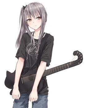 1girl bang_dream! bang_dream!_girls_band_party! black_shirt blue_pants brown_eyes character_print collarbone commentary cowboy_shot facing_viewer grey_hair highres imai_lisa light_smile long_hair long_sidelocks looking_to_the_side minato_yukina pants print_shirt shirt short_sleeves side_ponytail sidelocks solo t-shirt yukitake_(bullfalk)