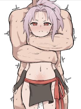 1boy 1girl asphyxiation black_gloves blush clothed_female_nude_male cum cum_in_pussy elbow_gloves fingerless_gloves forehead gloves height_difference hetero highres hug hug_from_behind implied_penetration kunoichi_tsubaki_no_mune_no_uchi loli navel ninja nude pelvic_curtain pink_hair ponytail red_eyes rough_sex sazanka_(kunoichi_tsubaki_no_mune_no_uchi) sex sex_from_behind simple_background standing standing_sex white_background zlix0n