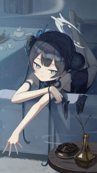 1girl barefoot black_dress black_hair blue_archive braid bun_with_braided_base china_dress chinese_clothes commentary couch cup double_bun dragon_print dress feet_up gloves grey_eyes grey_halo hair_bun hair_ornament halo highres incense indoors kisaki_(blue_archive) long_hair lying on_couch on_stomach print_dress sleeveless sleeveless_dress solo tea_set teacup twintails unworn_gloves yanoyoru