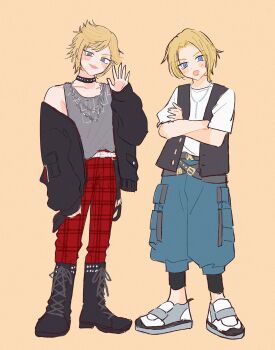 2boys bead_necklace beads belt black_boots black_choker black_jacket black_vest blonde_hair blue_eyes blue_pants blush boots cargo_pants chain chain_necklace choker crossed_arms dissidia_duellum_final_fantasy dissidia_final_fantasy final_fantasy final_fantasy_ix final_fantasy_xv full_body grey_tank_top head_tilt highres jacket jewelry kahok knee_boots lace-up_boots male_focus multiple_belts multiple_boys necklace off_shoulder official_alternate_costume open_clothes open_mouth open_vest pants plaid_clothes plaid_pants prompto_argentum red_pants shirt shirt_tucked_in shoes short_hair simple_background sleeves_past_wrists smile sneakers standing studded_choker t-shirt tank_top vest waving white_belt white_shirt zidane_tribal